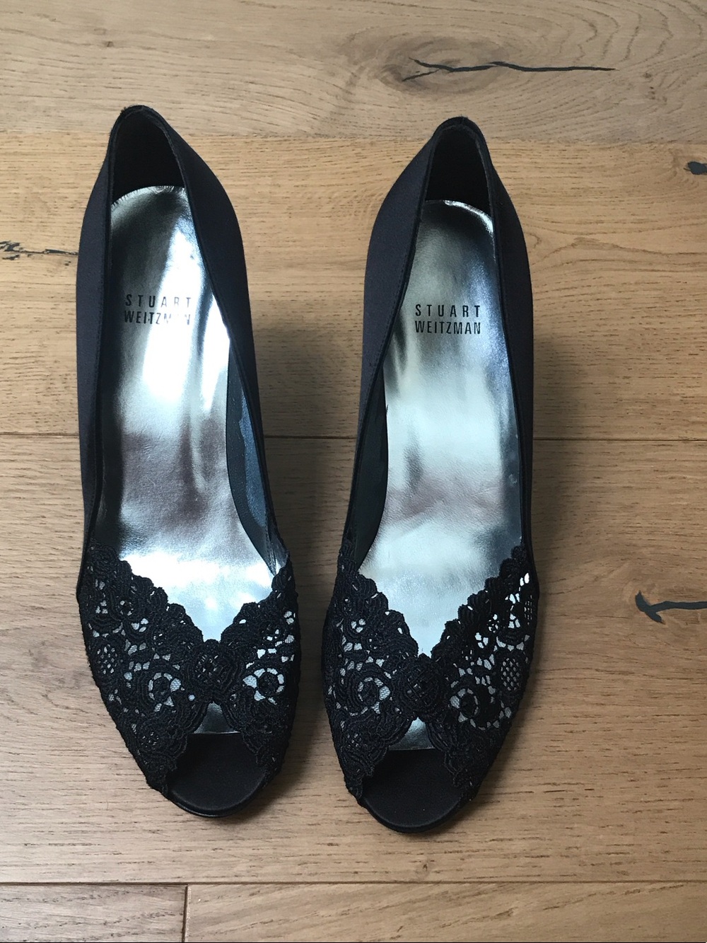Stuart Weitzman Black Lace Peep-Toe Heels